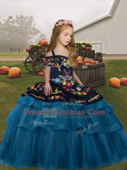Enchanting Teal Lace Up Straps Embroidery and Ruffled Layers Little Girls Pageant Dress Tulle Sleeveless