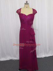 Fuchsia Sweetheart Neckline Beading and Lace and Appliques Evening Dress Cap Sleeves Zipper