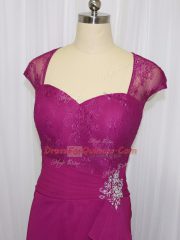 Fuchsia Sweetheart Neckline Beading and Lace and Appliques Evening Dress Cap Sleeves Zipper