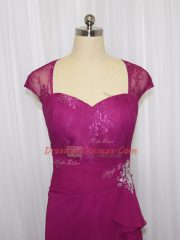 Fuchsia Sweetheart Neckline Beading and Lace and Appliques Evening Dress Cap Sleeves Zipper