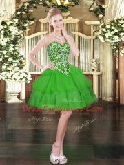 Sleeveless Organza Mini Length Lace Up Prom Dress in Green with Beading and Ruffled Layers