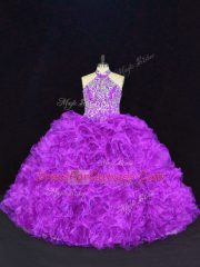 Purple Sleeveless Organza Lace Up Sweet 16 Dress for Sweet 16 and Quinceanera