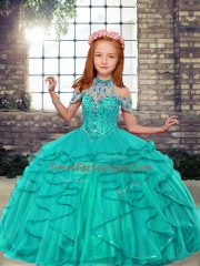 Fantastic Turquoise Sleeveless Beading and Ruffles Floor Length Kids Pageant Dress