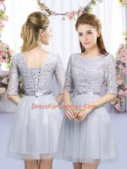 Mini Length Zipper Quinceanera Dama Dress Grey for Wedding Party with Lace and Belt