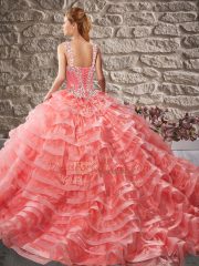 New Style Apple Green Lace Up Quinceanera Gown Beading and Ruffled Layers Sleeveless Court Train
