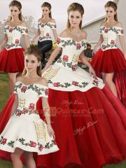 Super White And Red Off The Shoulder Neckline Embroidery Quinceanera Dresses Sleeveless Lace Up