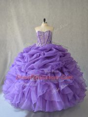 Floor Length Lace Up Quinceanera Gowns Lavender for Sweet 16 and Quinceanera with Beading and Ruffles and Pick Ups