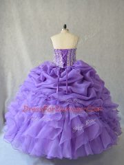 Floor Length Lace Up Quinceanera Gowns Lavender for Sweet 16 and Quinceanera with Beading and Ruffles and Pick Ups