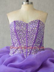 Floor Length Lace Up Quinceanera Gowns Lavender for Sweet 16 and Quinceanera with Beading and Ruffles and Pick Ups