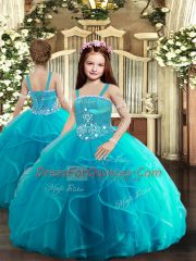 Floor Length Baby Blue Kids Pageant Dress Tulle Sleeveless Beading and Ruffles