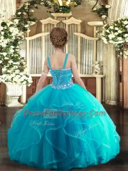 Floor Length Baby Blue Kids Pageant Dress Tulle Sleeveless Beading and Ruffles