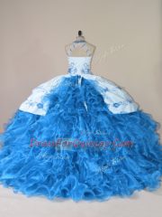 Fashionable Blue Ball Gowns Organza Halter Top Sleeveless Embroidery and Ruffles Lace Up 15 Quinceanera Dress Court Train