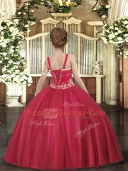 Latest Ball Gowns Child Pageant Dress Red Straps Tulle Sleeveless Floor Length Lace Up