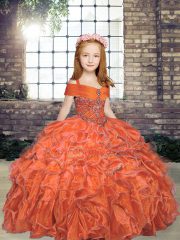 Organza Straps Sleeveless Lace Up Beading Little Girl Pageant Dress in Orange