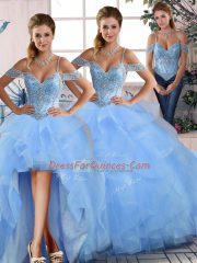 Modest Floor Length Blue 15 Quinceanera Dress Tulle Sleeveless Beading and Ruffles