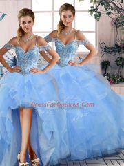 Modest Floor Length Blue 15 Quinceanera Dress Tulle Sleeveless Beading and Ruffles