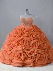 Sleeveless Fabric With Rolling Flowers Brush Train Lace Up Quinceanera Dresses in Orange with Beading
