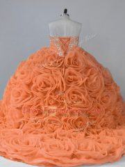 Sleeveless Fabric With Rolling Flowers Brush Train Lace Up Quinceanera Dresses in Orange with Beading