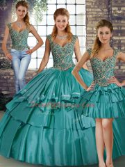 Smart Teal Taffeta Lace Up 15th Birthday Dress Sleeveless Floor Length Beading and Ruffled Layers