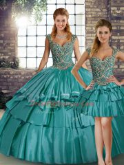 Smart Teal Taffeta Lace Up 15th Birthday Dress Sleeveless Floor Length Beading and Ruffled Layers