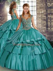 Smart Teal Taffeta Lace Up 15th Birthday Dress Sleeveless Floor Length Beading and Ruffled Layers