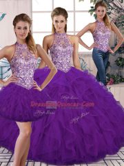 Customized Purple Three Pieces Beading and Ruffles Sweet 16 Quinceanera Dress Lace Up Tulle Sleeveless Floor Length