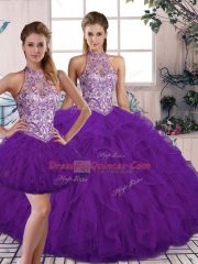 Customized Purple Three Pieces Beading and Ruffles Sweet 16 Quinceanera Dress Lace Up Tulle Sleeveless Floor Length