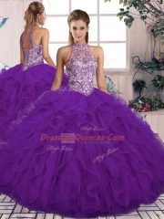Customized Purple Three Pieces Beading and Ruffles Sweet 16 Quinceanera Dress Lace Up Tulle Sleeveless Floor Length