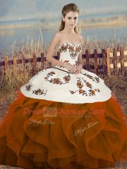 Sleeveless Tulle Floor Length Lace Up Quince Ball Gowns in Rust Red with Embroidery and Ruffles and Bowknot