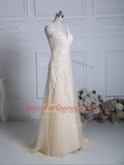 Latest V-neck Sleeveless Brush Train Zipper Homecoming Dress Champagne Tulle