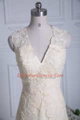 Latest V-neck Sleeveless Brush Train Zipper Homecoming Dress Champagne Tulle