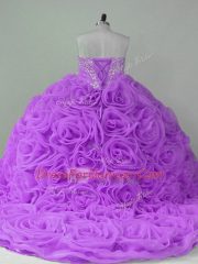 Vintage Sleeveless Fabric With Rolling Flowers Brush Train Lace Up Quinceanera Gown in Lavender with Beading