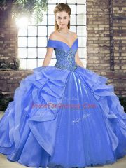 Blue Quinceanera Gowns Military Ball and Sweet 16 and Quinceanera with Beading and Ruffles Off The Shoulder Sleeveless Lace Up