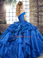 Blue Quinceanera Gowns Military Ball and Sweet 16 and Quinceanera with Beading and Ruffles Off The Shoulder Sleeveless Lace Up