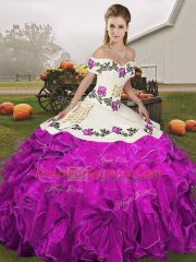 White And Purple Quinceanera Gown Military Ball and Sweet 16 and Quinceanera with Embroidery and Ruffles Off The Shoulder Sleeveless Lace Up