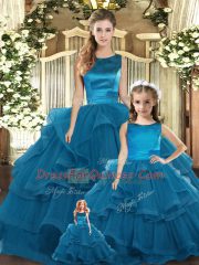 Elegant Teal Tulle Lace Up Scoop Sleeveless Floor Length Vestidos de Quinceanera Ruffles