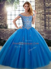 Charming Sleeveless Tulle Floor Length Lace Up Sweet 16 Dress in Blue with Beading