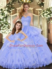 Custom Fit Lavender Quince Ball Gowns Military Ball and Sweet 16 and Quinceanera with Appliques and Ruffles Sweetheart Sleeveless Lace Up
