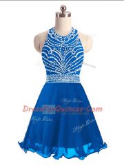 Halter Top Sleeveless Prom Gown Mini Length Beading Blue Chiffon