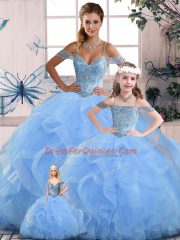 Blue Lace Up Quince Ball Gowns Beading and Ruffles Sleeveless Floor Length