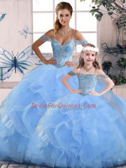 Blue Lace Up Quince Ball Gowns Beading and Ruffles Sleeveless Floor Length