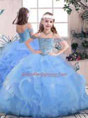 Blue Lace Up Quince Ball Gowns Beading and Ruffles Sleeveless Floor Length