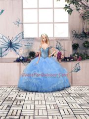 Blue Lace Up Quince Ball Gowns Beading and Ruffles Sleeveless Floor Length