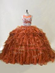 Cute Brown Quinceanera Gown Organza Brush Train Sleeveless Beading and Ruffles