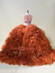 Cute Brown Quinceanera Gown Organza Brush Train Sleeveless Beading and Ruffles