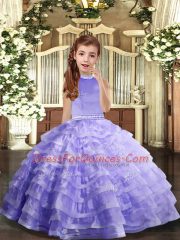 Elegant Lavender Halter Top Neckline Beading and Ruffled Layers Little Girls Pageant Dress Wholesale Sleeveless Backless