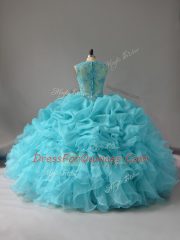 Aqua Blue Quinceanera Gowns Sweet 16 and Quinceanera with Appliques and Ruffles and Pick Ups Scoop Sleeveless Zipper