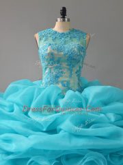Aqua Blue Quinceanera Gowns Sweet 16 and Quinceanera with Appliques and Ruffles and Pick Ups Scoop Sleeveless Zipper