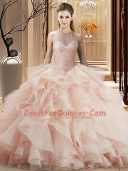 Perfect Halter Top Sleeveless 15th Birthday Dress Brush Train Beading and Ruffles Pink Organza