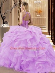 Perfect Halter Top Sleeveless 15th Birthday Dress Brush Train Beading and Ruffles Pink Organza